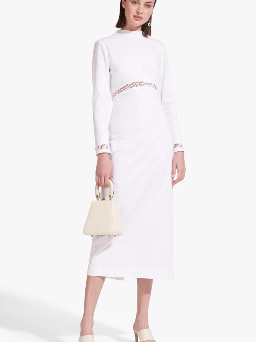 STAUD White Long Sleeve Midi Dress with Cutout Detail